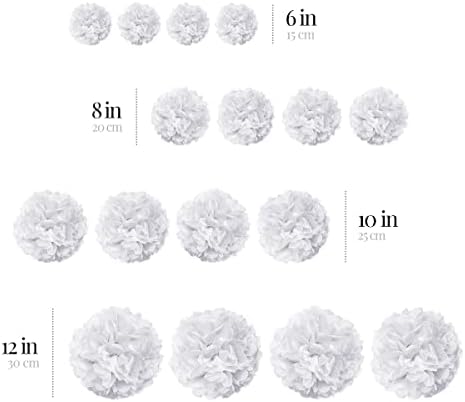 White Tissue Paper Pom Poms - Assorted Sizes - 16 Piece Set