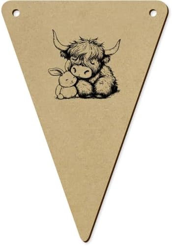 Azeeda 5pcs Sleepy Highland Cow Cuddling with Plush Bunny Wooden Bunting Flags
