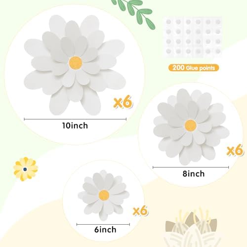 MotiMind 18 Pcs 3D Paper Flowers for Bulletin Board Decorations White Color