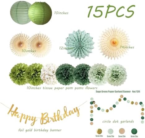 Olive Sage Green Birthday Party Decor Tissue Pom Poms Fans Lanterns