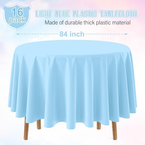 16 Pack Light Blue Plastic Tablecloth for 84 Inch Round Tables