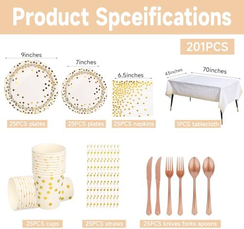 201PCS White Gold Polka Dot Party Supplies for 25 Guests