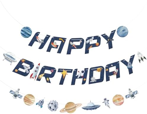 Universe Space Birthday Banner with Planets Rockets