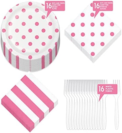 Pink Party Supplies - Polka Dots and Stripes Set of 16