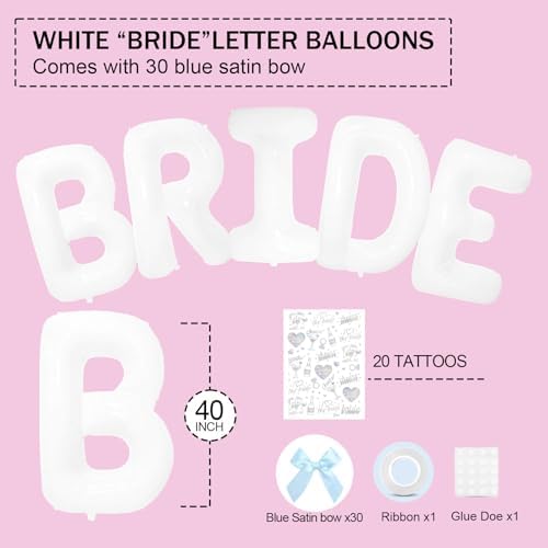 White Bride Balloons with Blue Bows and Iridescent Tattoos