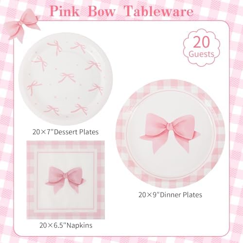 60PCS Pink Bow Party Supplies Set for 20 Guests