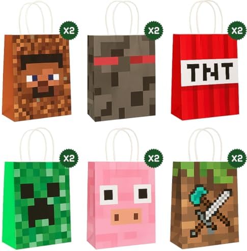 Pixel Party Favors Bulk Set - 12 Pcs Goodie Bags and 2 Pcs Tablecloth for Mining Birthday Party 1