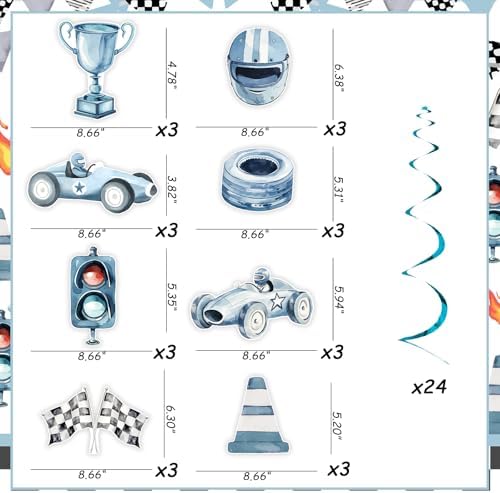 Funmemoir Blue Race Car Streamers - 24 Piece Set with Double Sided Print