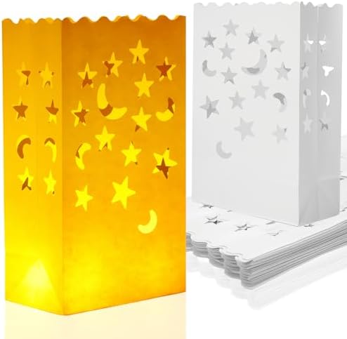 Honoson 24 Pcs White Luminary Candle Bags with Star and Moon Cutouts