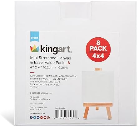 KINGART 856-8 White Mini 4x4 Stretched Artist Canvas with Display Easels Value Pack