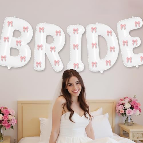 White Bride Balloons with Pink Bows Bachelorette Party Decor