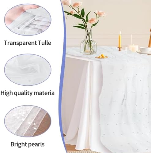 Set of 6 Pearl Table Runner White 10ft Tulle Chiffon
