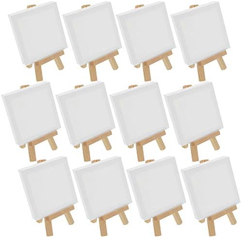 US Art Supply 3x3 Stretched Canvas with 5 Inch Mini Easel Kit 12 Pack