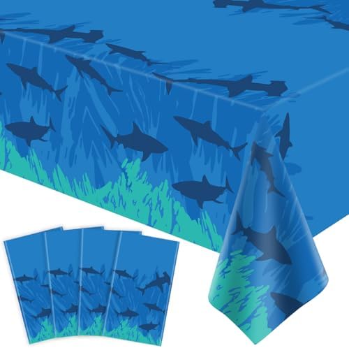 4Pcs Shark Tablecloth Ocean Theme Birthday Table Cover