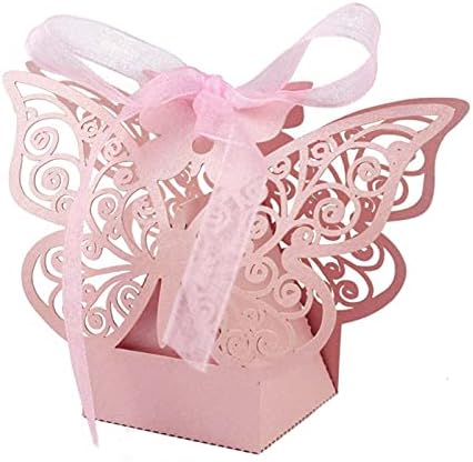 JANOU 24pcs Butterfly Candy Boxes DIY Paper Box with Ribbons Pink