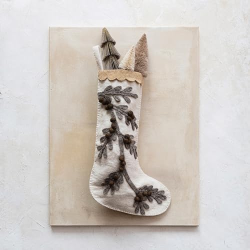 Creative Co Op Multicolor Wool Felt Stocking with Branch and Poms