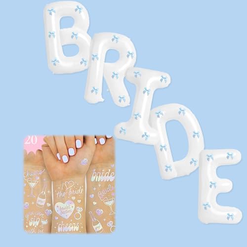 White Bride Balloons with Blue Bows and Iridescent Tattoos