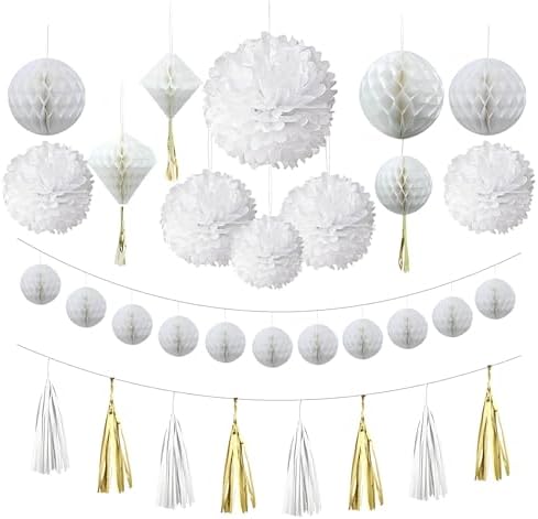 White Tissue Paper Pom Poms 12Pcs Hanging Decorations