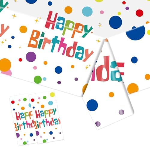 2PCS Happy Birthday Tablecloth Set 54X108inch Waterproof Plastic Table Covers with Colorful Polka Dots for Kids Parties