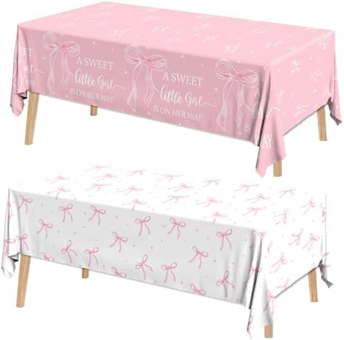 2Pcs Pink Bow Baby Shower Tablecloths for Girl Parties