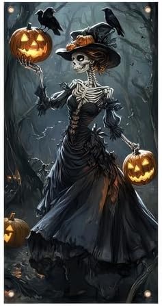 Skeleton Witch Halloween Door Cover 35x71 Inch