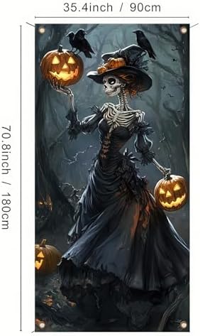 Skeleton Witch Halloween Door Cover 35x71 Inch