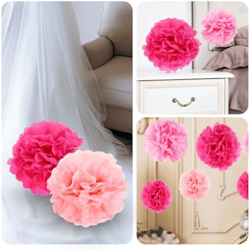 Lusofie 16pcs Hot Pink Tissue Pom Poms Decor Party Flowers