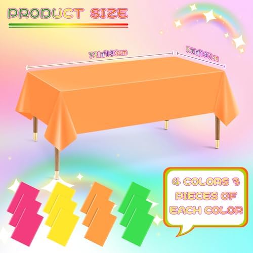 12 Pack Assorted Neon Rainbow Tablecloths 54x72 Inch