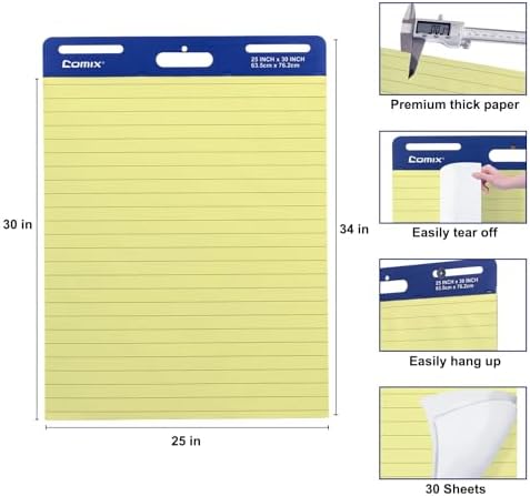 Comix Sticky Easel Pad 25x30 Inches Yellow Lined Chart Paper 30 Sheets 2 Pads Pack