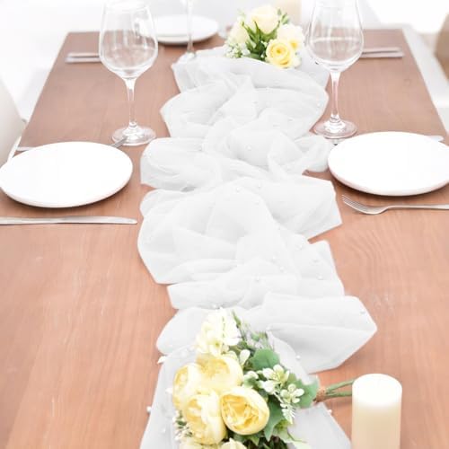 Set of 6 Pearl Table Runner White 10ft Tulle Chiffon