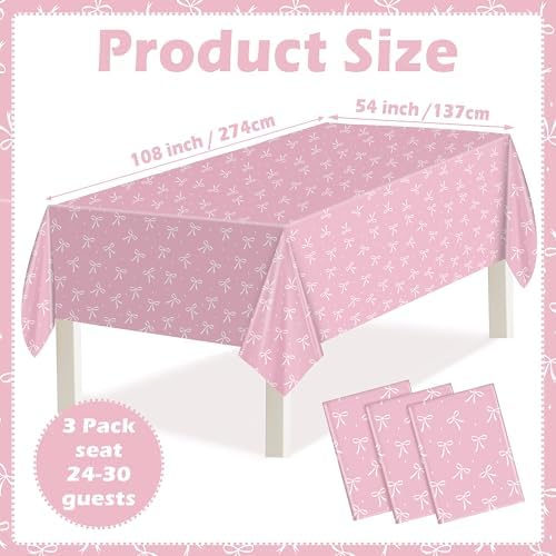 3 Pack Pink Bow Tablecloths for Birthday Parties