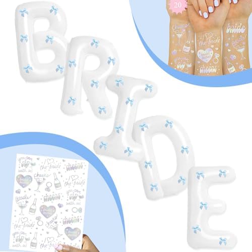 White Bride Balloons with Blue Bows and Iridescent Tattoos
