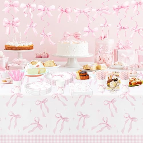 Pink Bow Party Decorations Tablecloth Set 3 Pack 86x55in