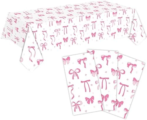 3Pcs Pink Bow Birthday Tablecloths Set for Girls Party