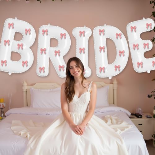 White Bride Balloons with Pink Bows Bachelorette Party Decor