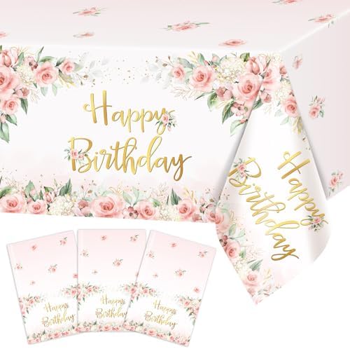 Avezano 3 Pcs Rose Gold Birthday Tablecloths for Girls Women Parties