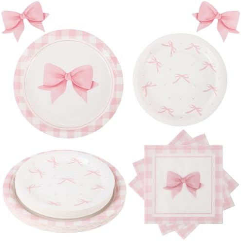 60PCS Pink Bow Party Supplies Set for 20 Guests