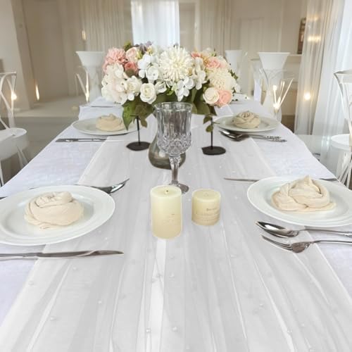Set of 6 Pearl Table Runner White 10ft Tulle Chiffon
