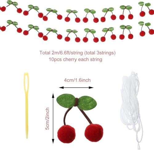 Colorful Cherry Garland Decoration 3 Strings 66ft DIY Pom Pom Hanging for Kids Bedroom Kitchen Baby Shower Party Favor