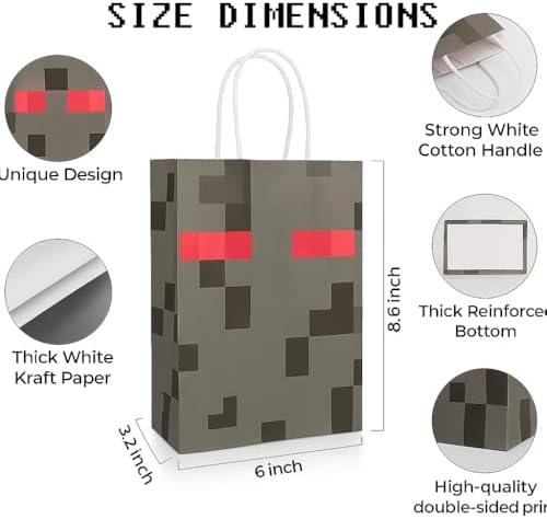 Pixel Party Favors Bulk Set - 12 Pcs Goodie Bags and 2 Pcs Tablecloth for Mining Birthday Party 1