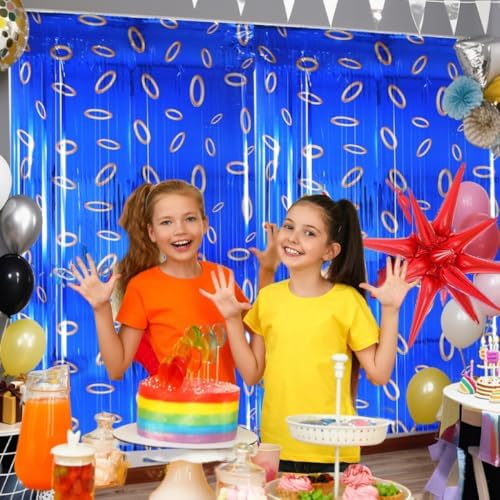 Blue and Gold Ring Foil Fringe Curtains Backdrop for Birthday Party Decorations