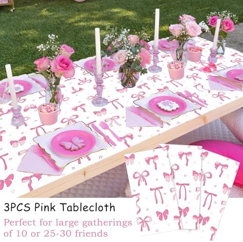 3Pcs Pink Bow Birthday Tablecloths Set for Girls Party