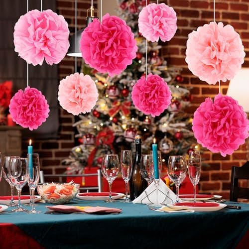 Lusofie 16pcs Hot Pink Tissue Pom Poms Decor Party Flowers