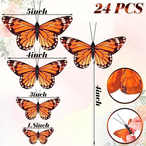 24 Pcs Monarch Butterfly Decorations Artificial Floral Picks with Wire for Wall and Vase