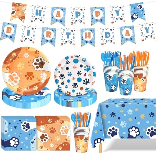 170 PCS Dog Paw Print Birthday Party Set for 24 Guests
