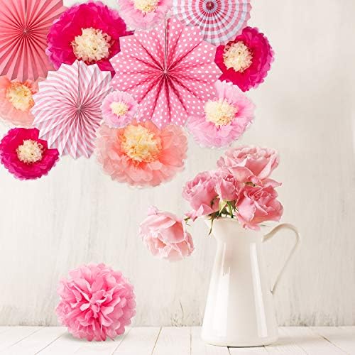 WILLBOND 24 Pcs Paper Fans Decoration Set Rose Pink