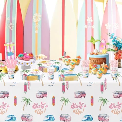 Surfs Up Party Tablecloth - 3 Pack Pink Beach Birthday Decorations