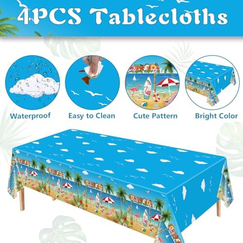 4 Pack Beach Party Tablecloths with Flamingo Surfboard Design
