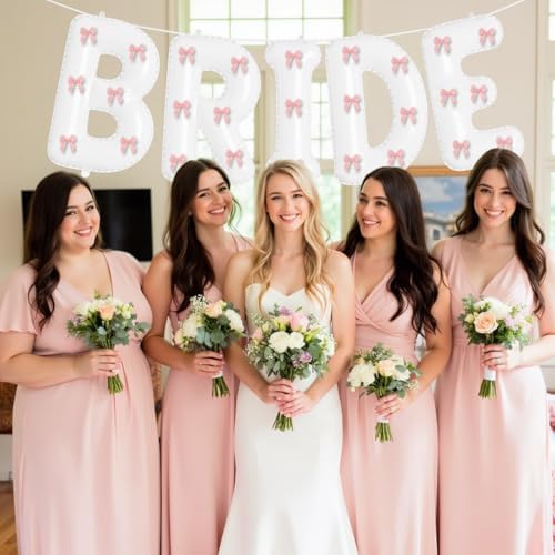 White Bride Balloons with Pink Bows Bachelorette Party Decor