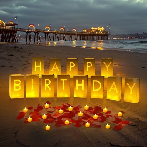 Homemory Happy Birthday Light Up Letters Luminary Bags with Flameless Candles and Fake Rose Petals